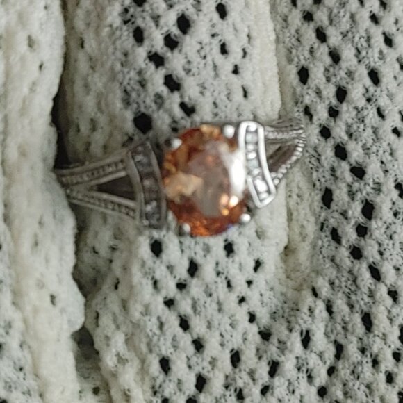 Citrine Ring 9mm Sterling Silver 925 Engagement Ring Simulated Diamond Accents - Picture 8 of 10